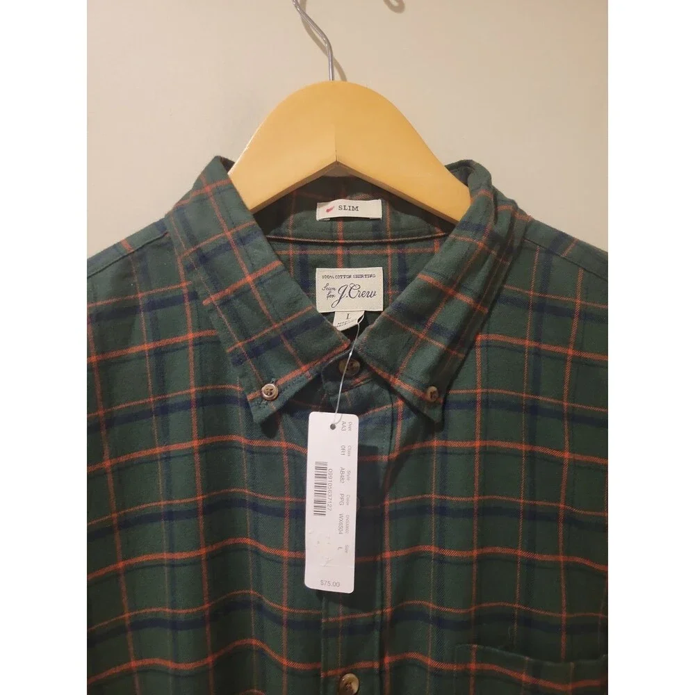 NWT J. Crew Shirt Slim Brushed Twill Flannel Top in Green Play Plaid Size L